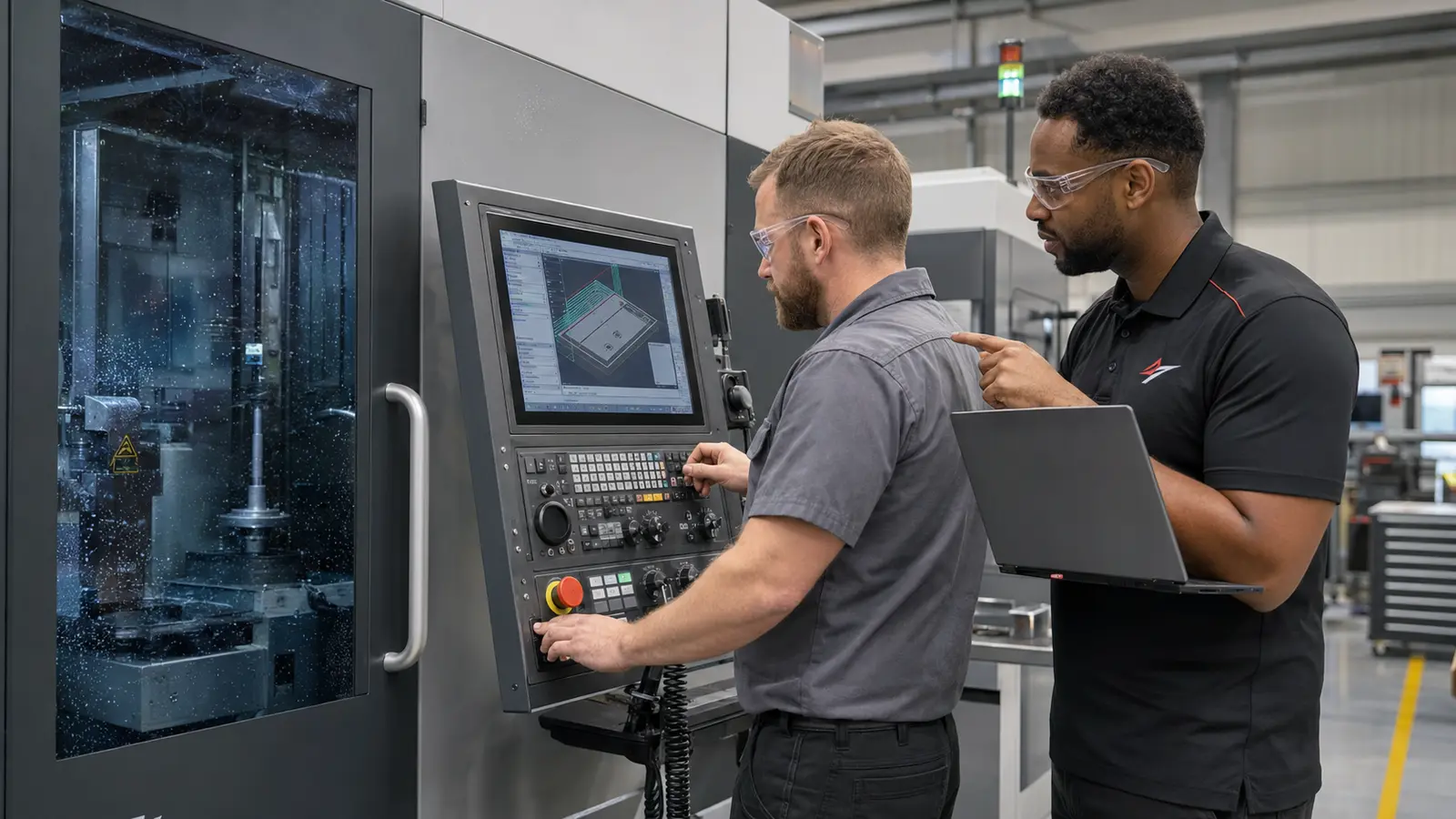 A CNC machine operator and a Single Stop Technologies technician working together at the CNC control panel