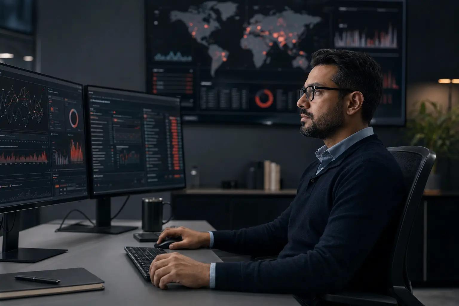 A cybersecurity professional monitoring security activity