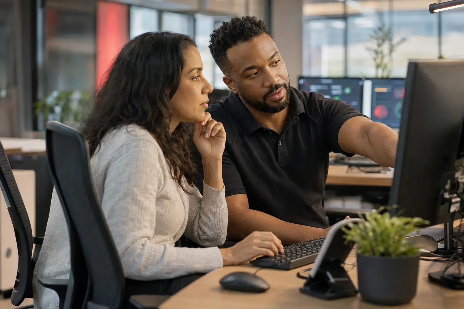 An IT support engineer helping an employee at her workstation