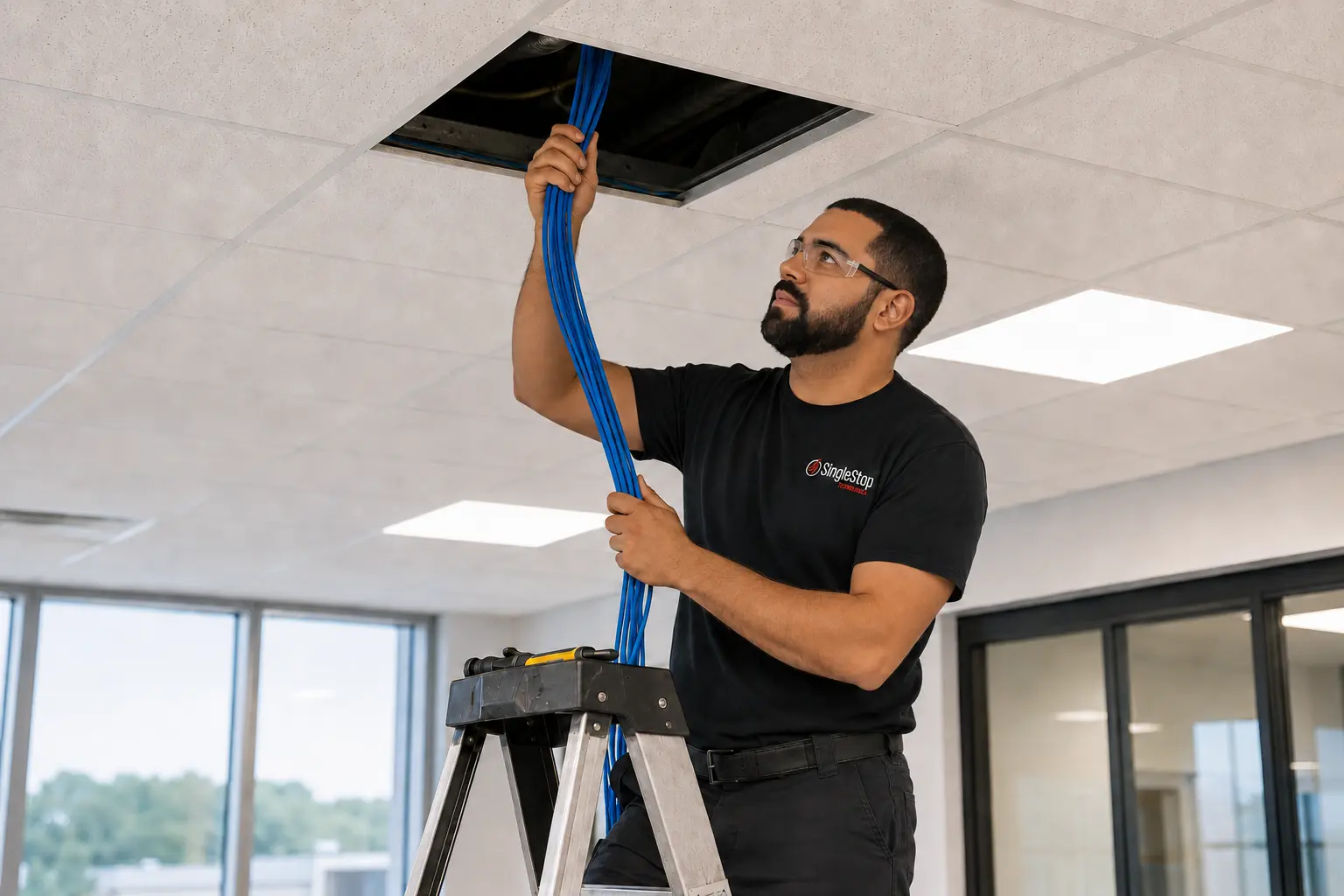 Carlos Carrasquillo pulling blue Cat6 network cables through an open suspended-ceiling tile